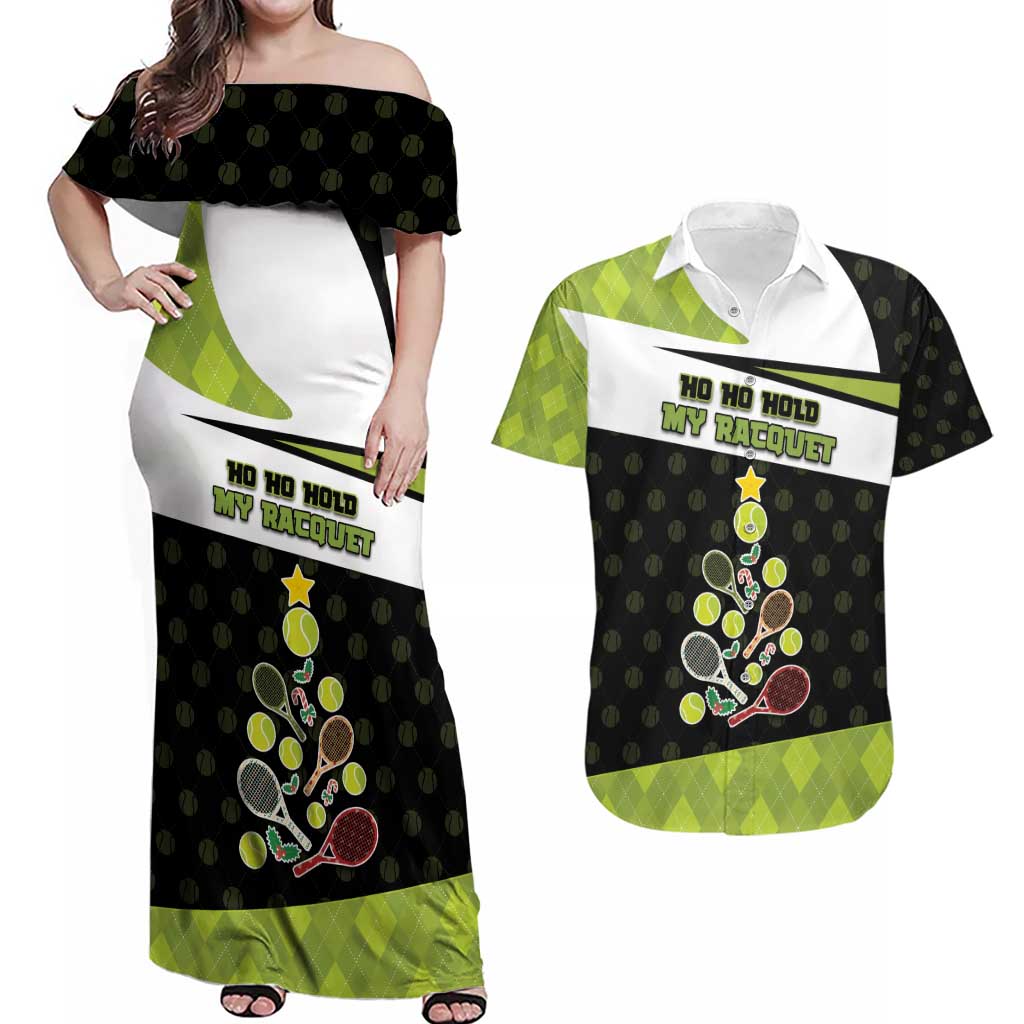 Personalized Tennis Christmas Couples Matching Off Shoulder Maxi Dress and Hawaiian Shirt Ho Ho Hold My Racquet - Wonder Print Shop