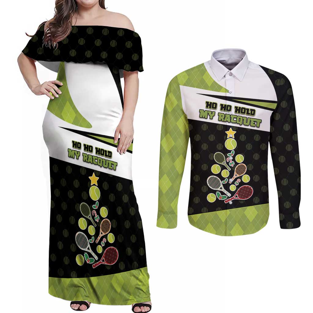 Personalized Tennis Christmas Couples Matching Off Shoulder Maxi Dress and Long Sleeve Button Shirt Ho Ho Hold My Racquet - Wonder Print Shop