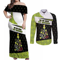 Personalized Tennis Christmas Couples Matching Off Shoulder Maxi Dress and Long Sleeve Button Shirt Ho Ho Hold My Racquet - Wonder Print Shop