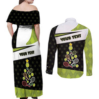 Personalized Tennis Christmas Couples Matching Off Shoulder Maxi Dress and Long Sleeve Button Shirt Ho Ho Hold My Racquet - Wonder Print Shop