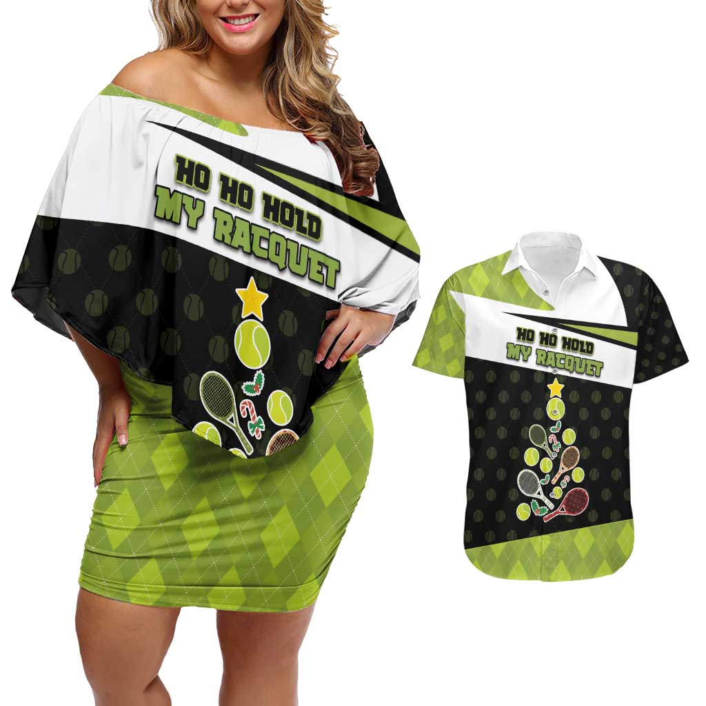 Personalized Tennis Christmas Couples Matching Off Shoulder Short Dress and Hawaiian Shirt Ho Ho Hold My Racquet - Wonder Print Shop
