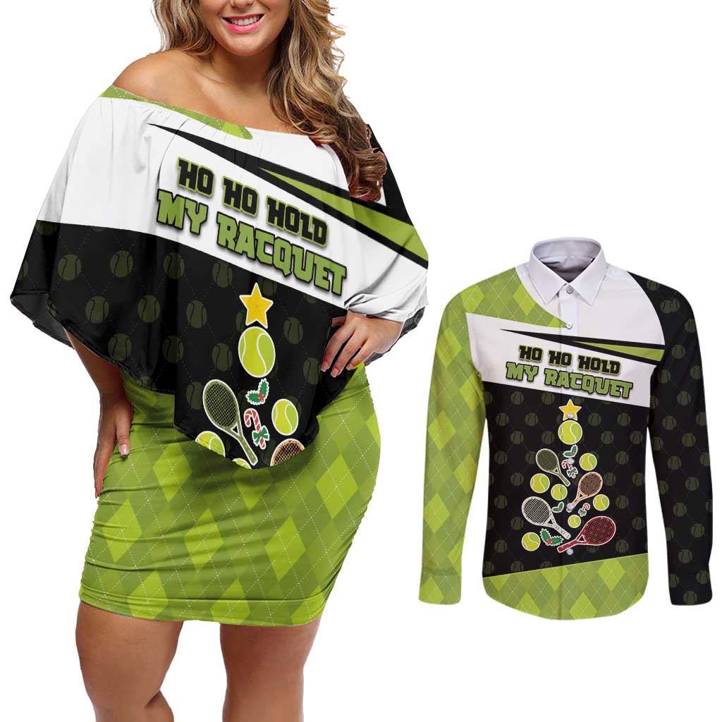 Personalized Tennis Christmas Couples Matching Off Shoulder Short Dress and Long Sleeve Button Shirt Ho Ho Hold My Racquet - Wonder Print Shop