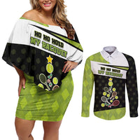 Personalized Tennis Christmas Couples Matching Off Shoulder Short Dress and Long Sleeve Button Shirt Ho Ho Hold My Racquet - Wonder Print Shop