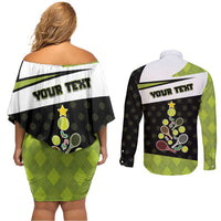 Personalized Tennis Christmas Couples Matching Off Shoulder Short Dress and Long Sleeve Button Shirt Ho Ho Hold My Racquet - Wonder Print Shop