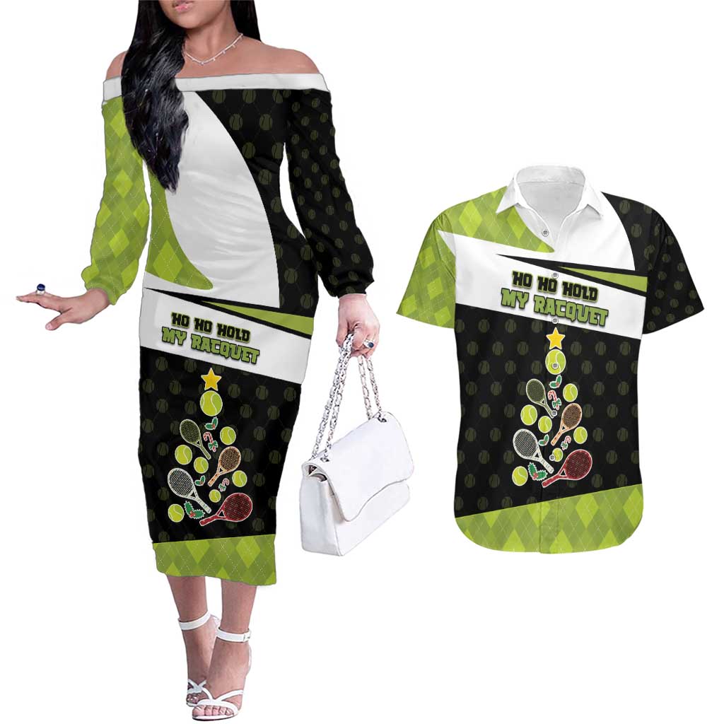 Personalized Tennis Christmas Couples Matching Off The Shoulder Long Sleeve Dress and Hawaiian Shirt Ho Ho Hold My Racquet - Wonder Print Shop