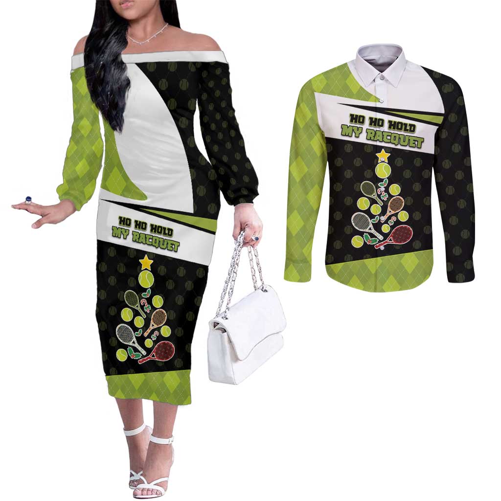 Personalized Tennis Christmas Couples Matching Off The Shoulder Long Sleeve Dress and Long Sleeve Button Shirt Ho Ho Hold My Racquet - Wonder Print Shop