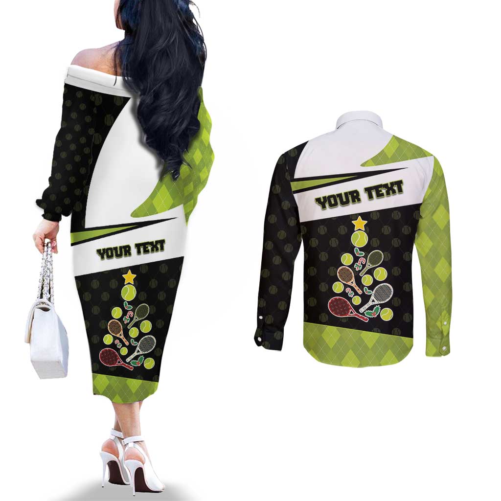 Personalized Tennis Christmas Couples Matching Off The Shoulder Long Sleeve Dress and Long Sleeve Button Shirt Ho Ho Hold My Racquet - Wonder Print Shop