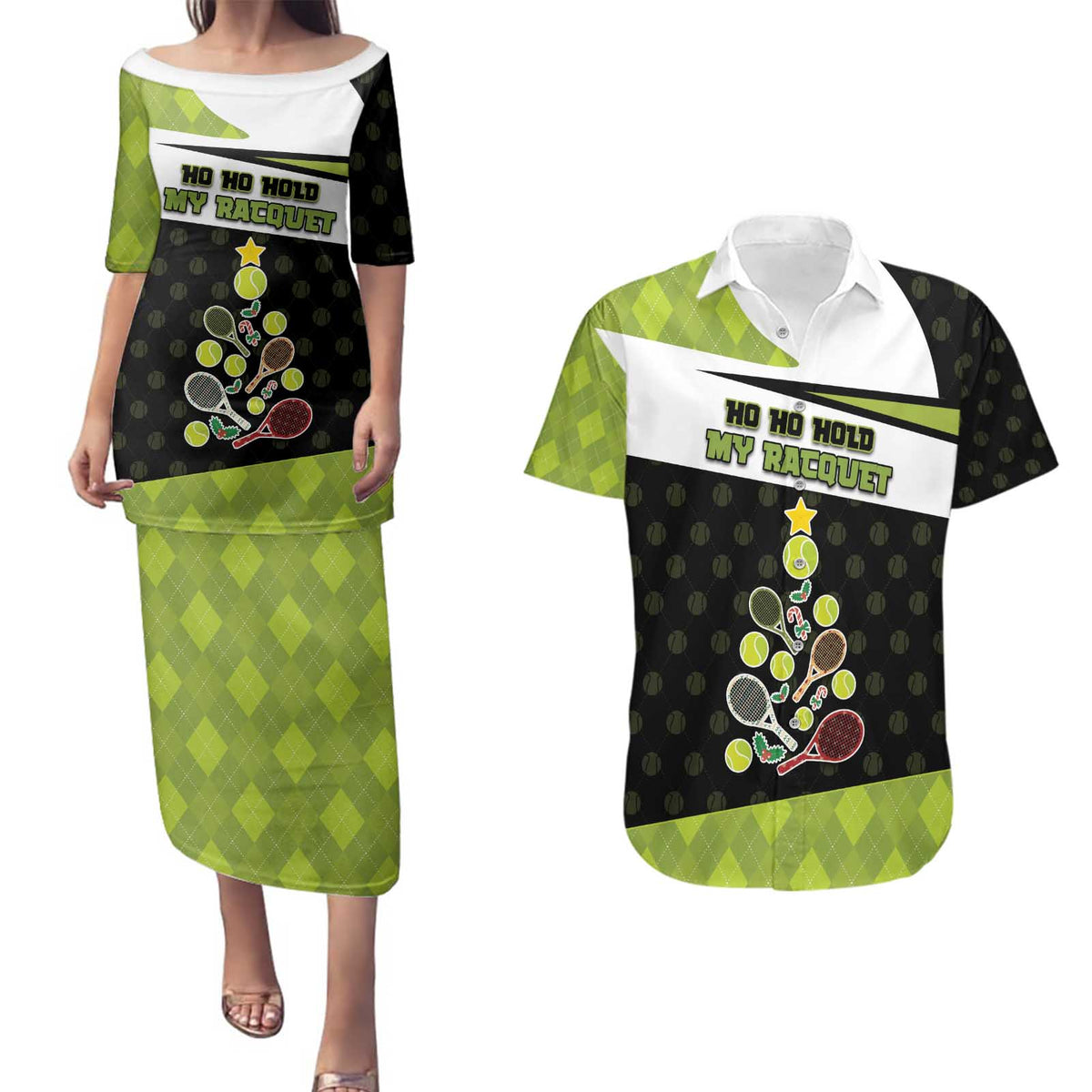Personalized Tennis Christmas Couples Matching Puletasi and Hawaiian Shirt Ho Ho Hold My Racquet - Wonder Print Shop