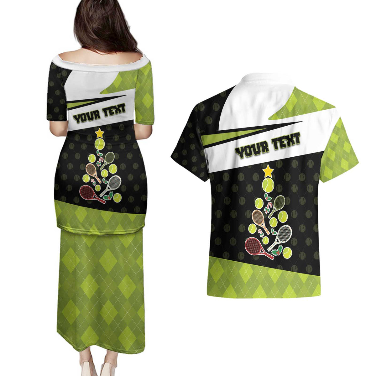 Personalized Tennis Christmas Couples Matching Puletasi and Hawaiian Shirt Ho Ho Hold My Racquet - Wonder Print Shop