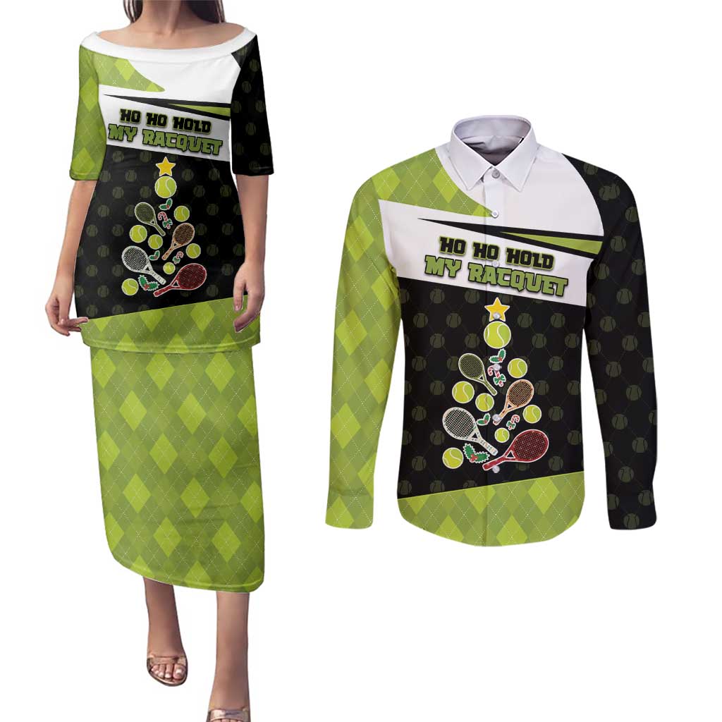 Personalized Tennis Christmas Couples Matching Puletasi and Long Sleeve Button Shirt Ho Ho Hold My Racquet - Wonder Print Shop
