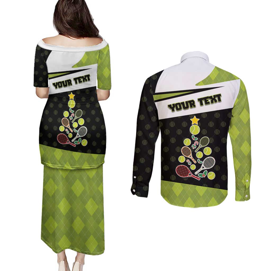 Personalized Tennis Christmas Couples Matching Puletasi and Long Sleeve Button Shirt Ho Ho Hold My Racquet - Wonder Print Shop