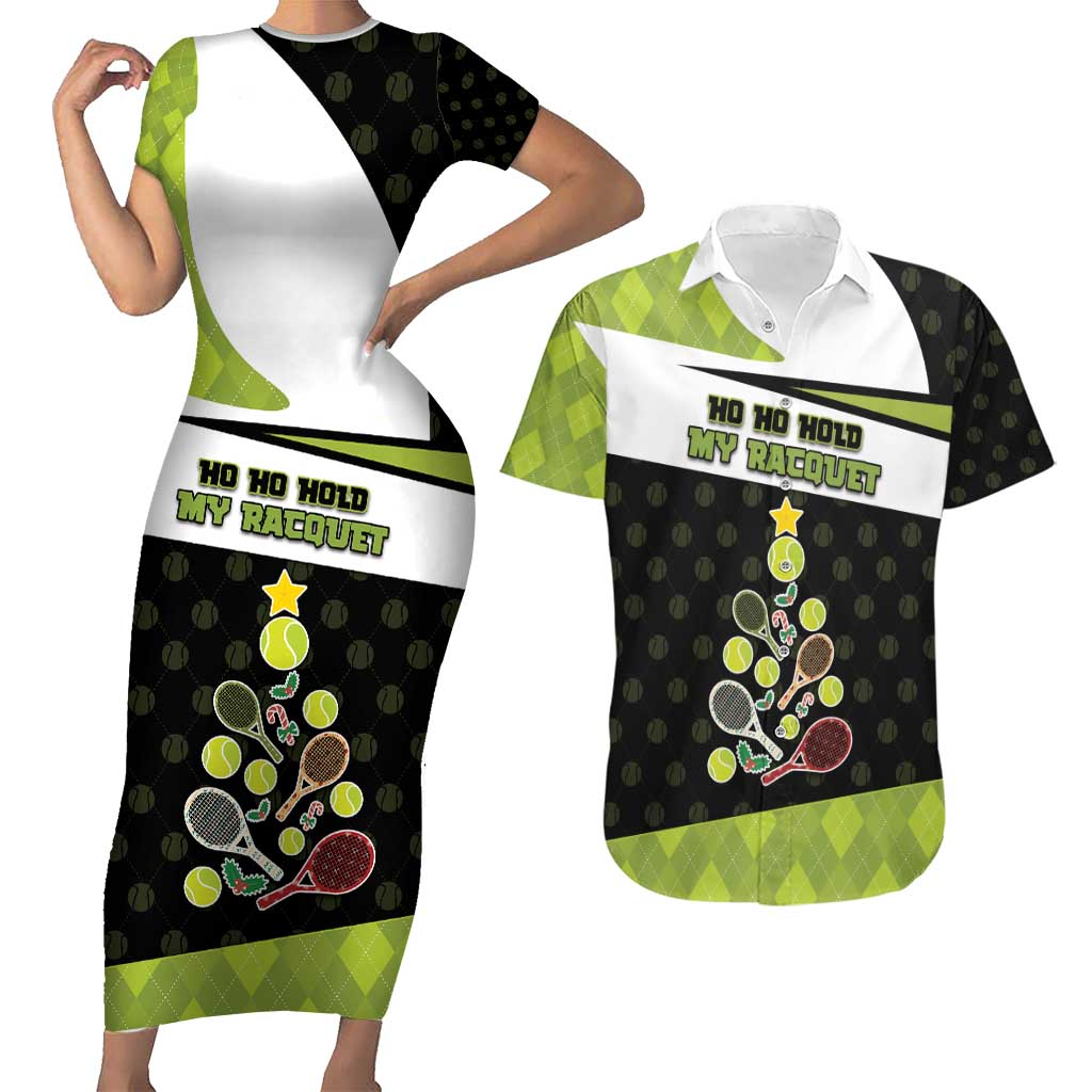 Personalized Tennis Christmas Couples Matching Short Sleeve Bodycon Dress and Hawaiian Shirt Ho Ho Hold My Racquet - Wonder Print Shop