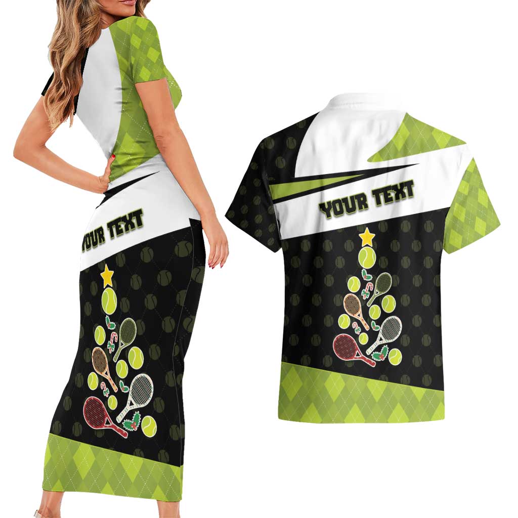 Personalized Tennis Christmas Couples Matching Short Sleeve Bodycon Dress and Hawaiian Shirt Ho Ho Hold My Racquet - Wonder Print Shop