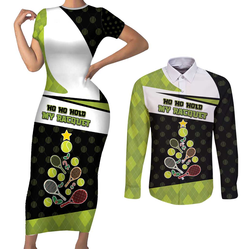 Personalized Tennis Christmas Couples Matching Short Sleeve Bodycon Dress and Long Sleeve Button Shirt Ho Ho Hold My Racquet - Wonder Print Shop