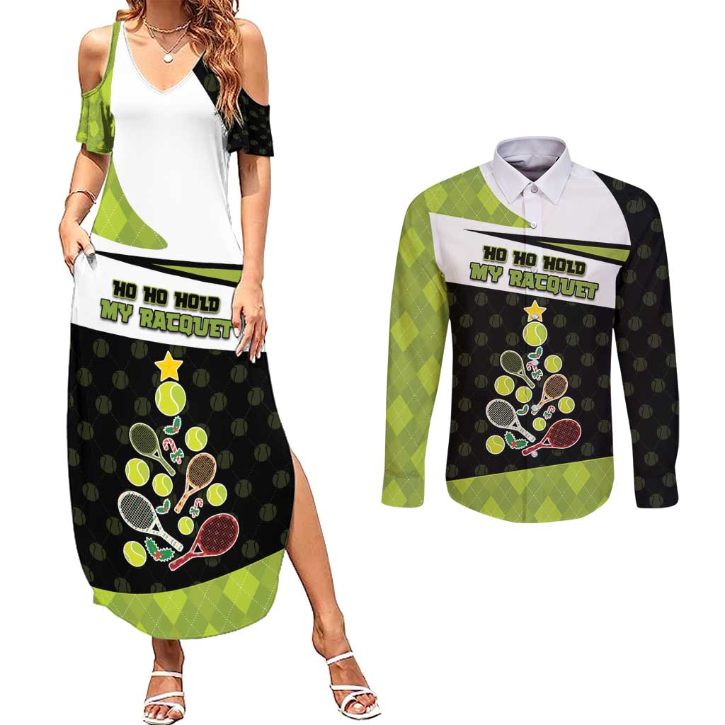 Personalized Tennis Christmas Couples Matching Summer Maxi Dress and Long Sleeve Button Shirt Ho Ho Hold My Racquet - Wonder Print Shop