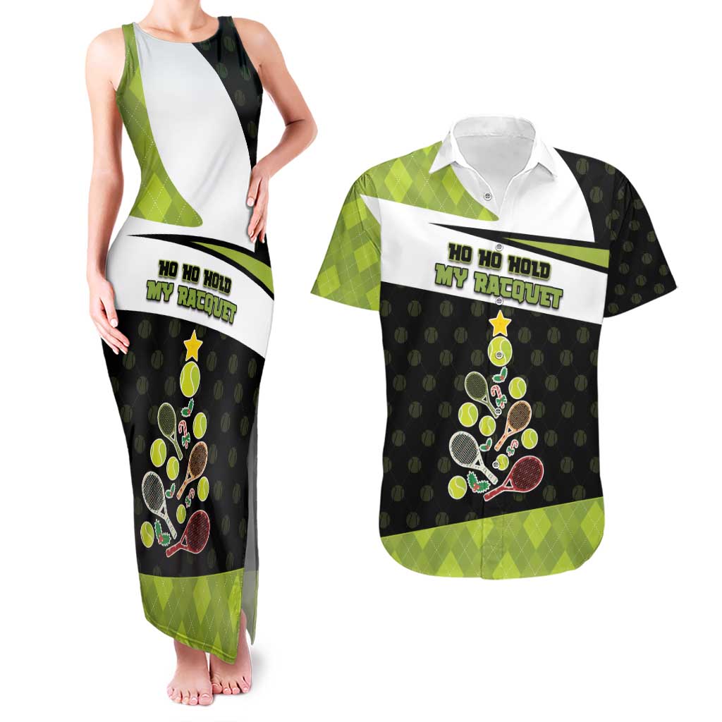 Personalized Tennis Christmas Couples Matching Tank Maxi Dress and Hawaiian Shirt Ho Ho Hold My Racquet - Wonder Print Shop