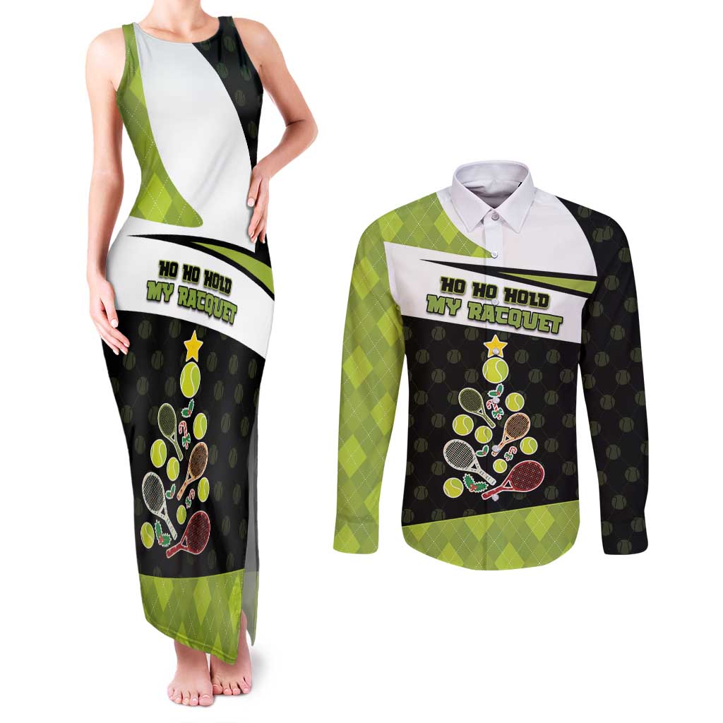 Personalized Tennis Christmas Couples Matching Tank Maxi Dress and Long Sleeve Button Shirt Ho Ho Hold My Racquet - Wonder Print Shop