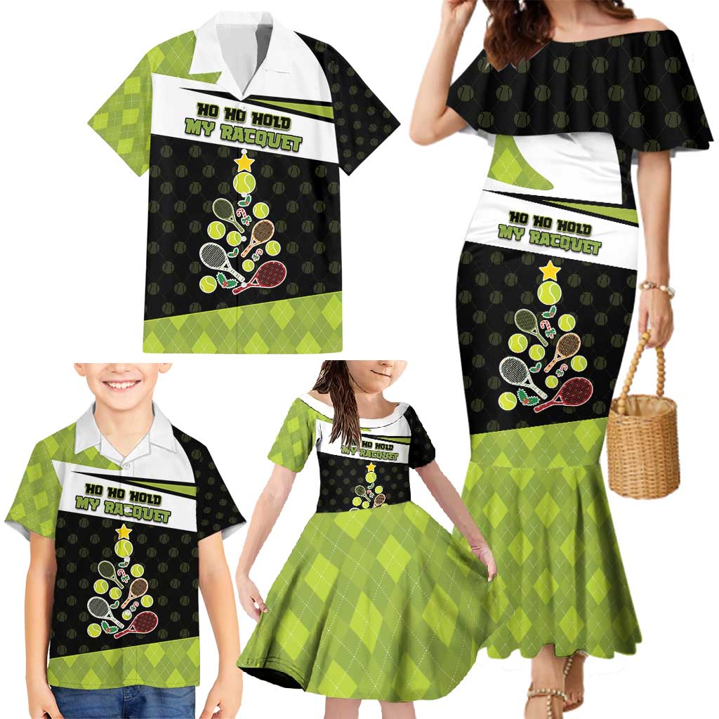 Personalized Tennis Christmas Family Matching Mermaid Dress and Hawaiian Shirt Ho Ho Hold My Racquet - Wonder Print Shop