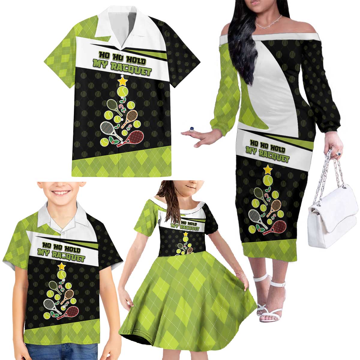 Personalized Tennis Christmas Family Matching Off The Shoulder Long Sleeve Dress and Hawaiian Shirt Ho Ho Hold My Racquet - Wonder Print Shop