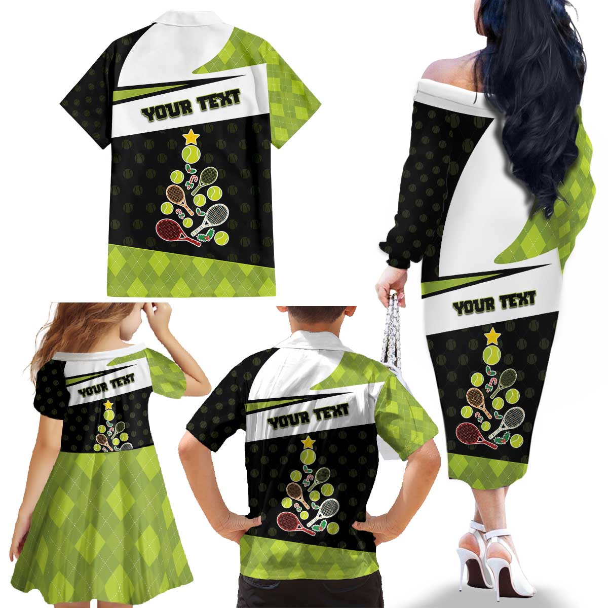 Personalized Tennis Christmas Family Matching Off The Shoulder Long Sleeve Dress and Hawaiian Shirt Ho Ho Hold My Racquet - Wonder Print Shop
