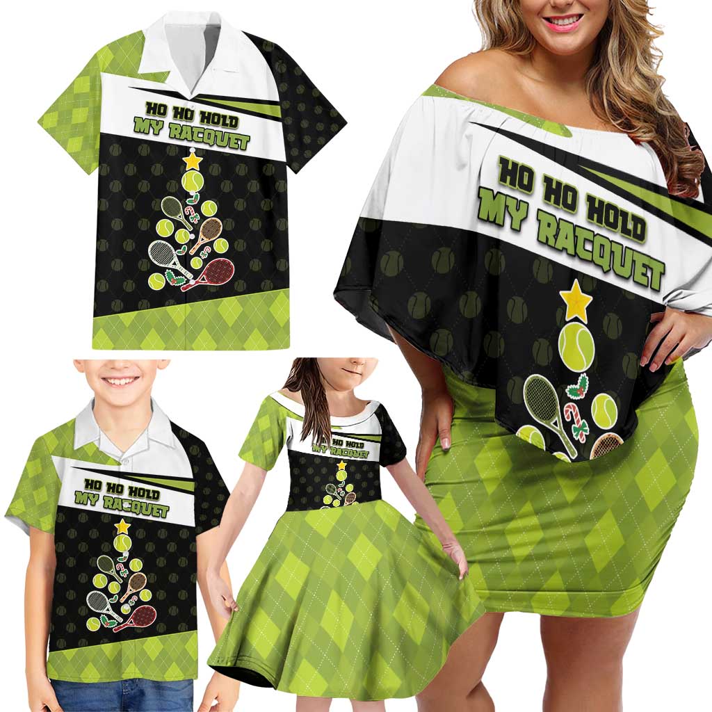 Personalized Tennis Christmas Family Matching Off Shoulder Short Dress and Hawaiian Shirt Ho Ho Hold My Racquet - Wonder Print Shop