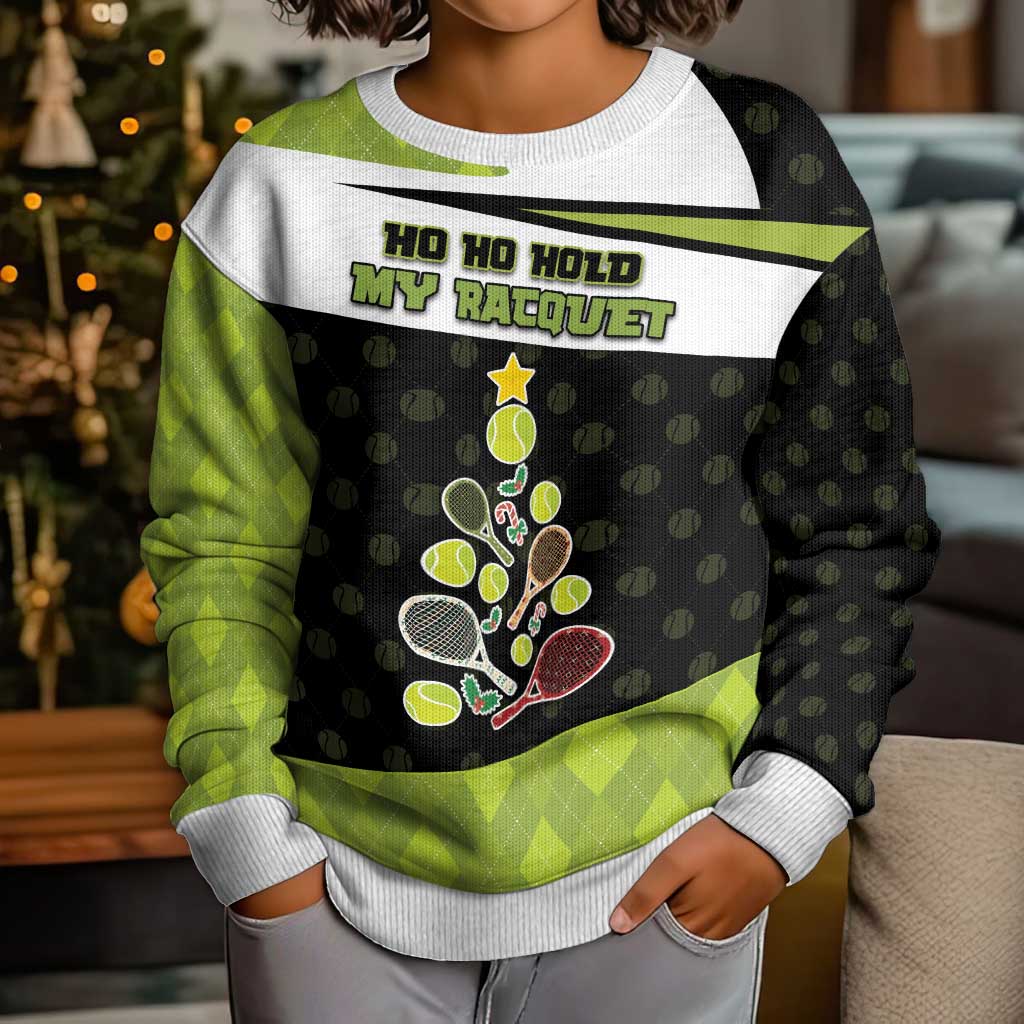 Personalized Tennis Christmas Kid Ugly Christmas Sweater Ho Ho Hold My Racquet - Wonder Print Shop