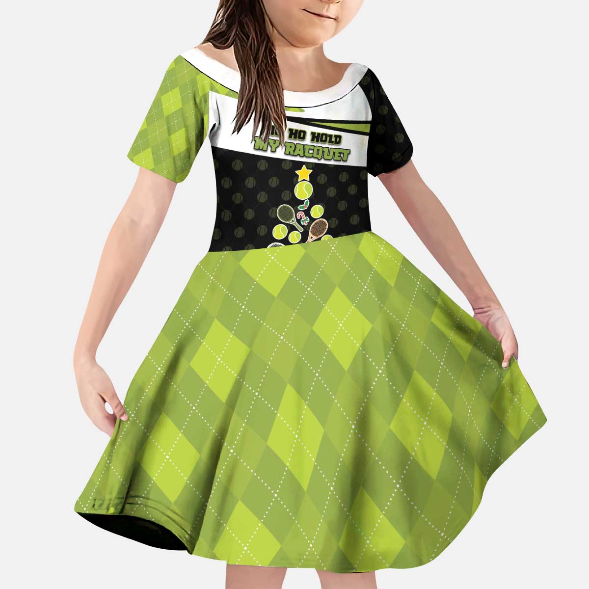 Personalized Tennis Christmas Kid Short Sleeve Dress Ho Ho Hold My Racquet - Wonder Print Shop