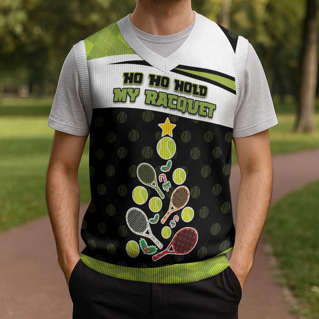 Personalized Tennis Christmas Christmas Knitted V-Neck Vest Ho Ho Hold My Racquet - Wonder Print Shop