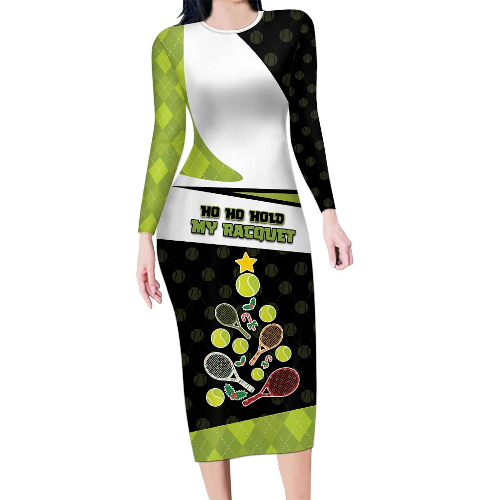 Personalized Tennis Christmas Long Sleeve Bodycon Dress Ho Ho Hold My Racquet - Wonder Print Shop