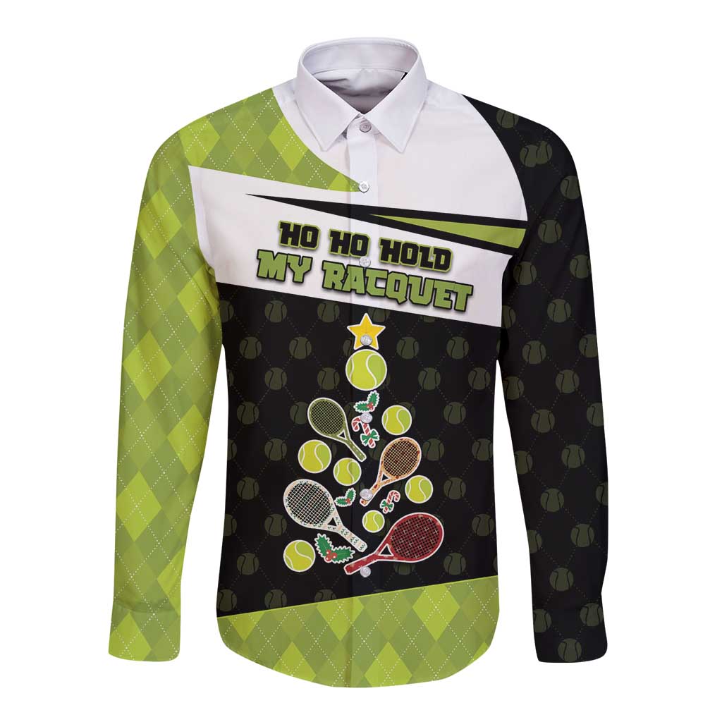 Personalized Tennis Christmas Long Sleeve Button Shirt Ho Ho Hold My Racquet - Wonder Print Shop