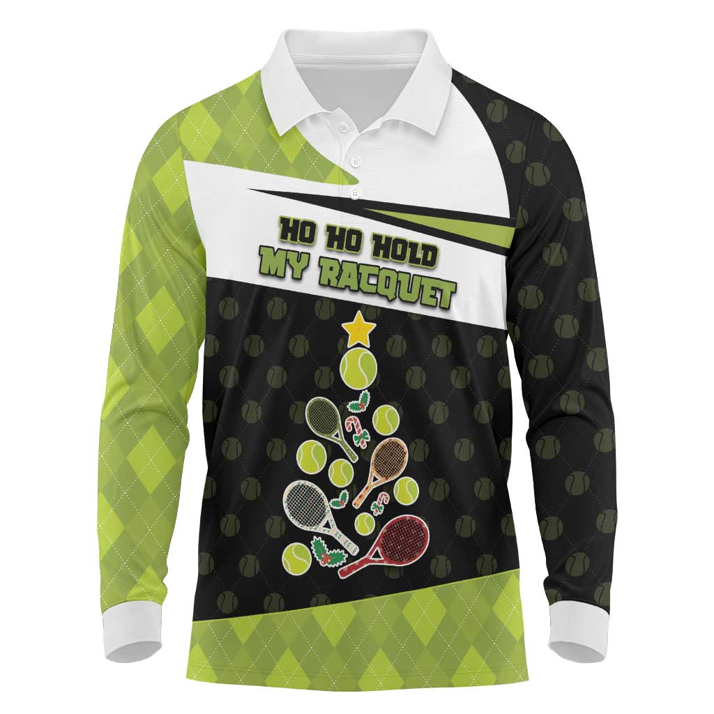 Personalized Tennis Christmas Long Sleeve Polo Shirt Ho Ho Hold My Racquet - Wonder Print Shop