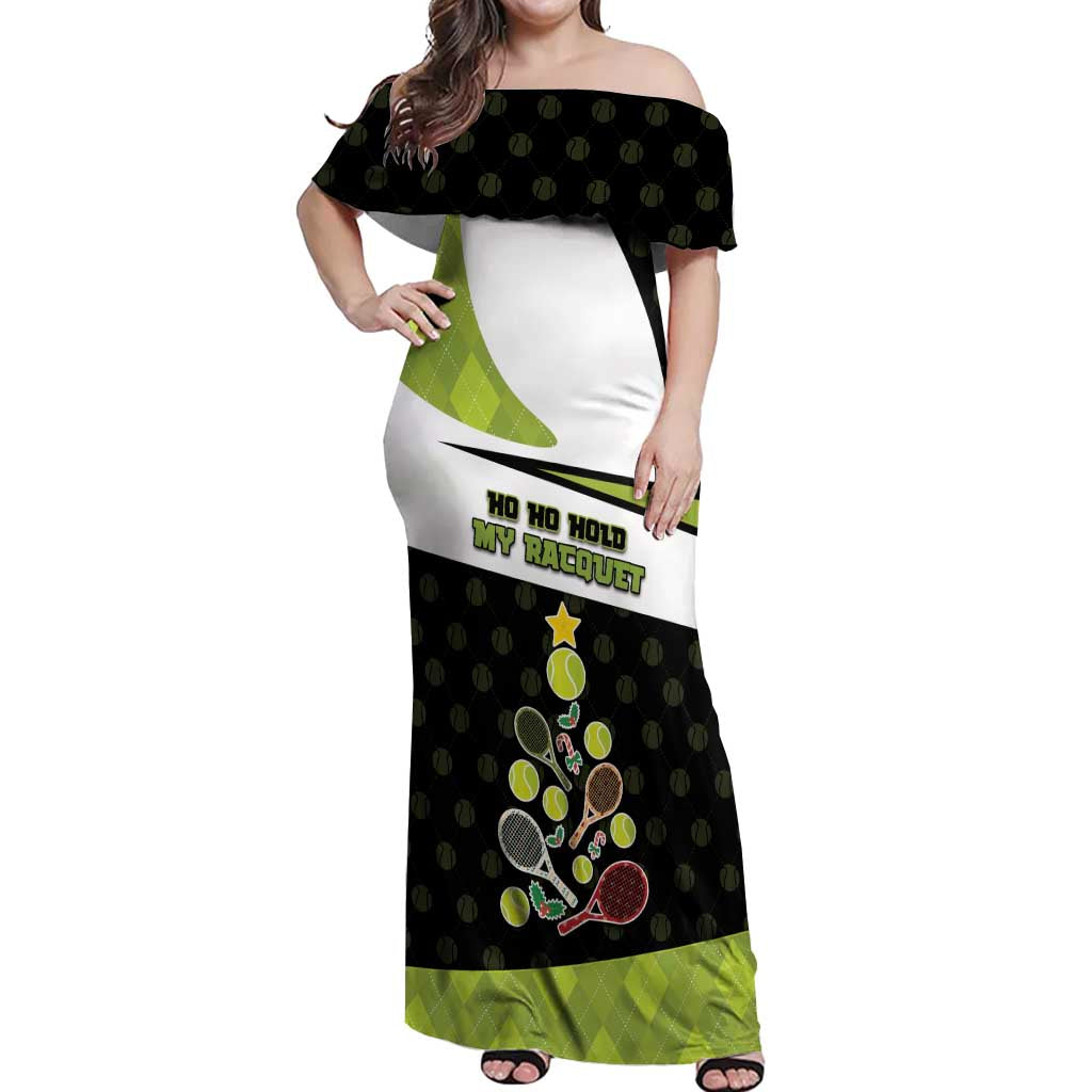 Personalized Tennis Christmas Off Shoulder Maxi Dress Ho Ho Hold My Racquet - Wonder Print Shop