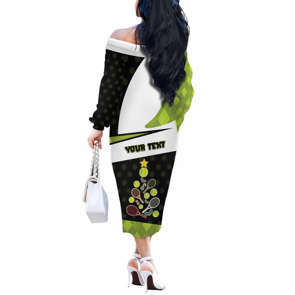 Personalized Tennis Christmas Off The Shoulder Long Sleeve Dress Ho Ho Hold My Racquet - Wonder Print Shop