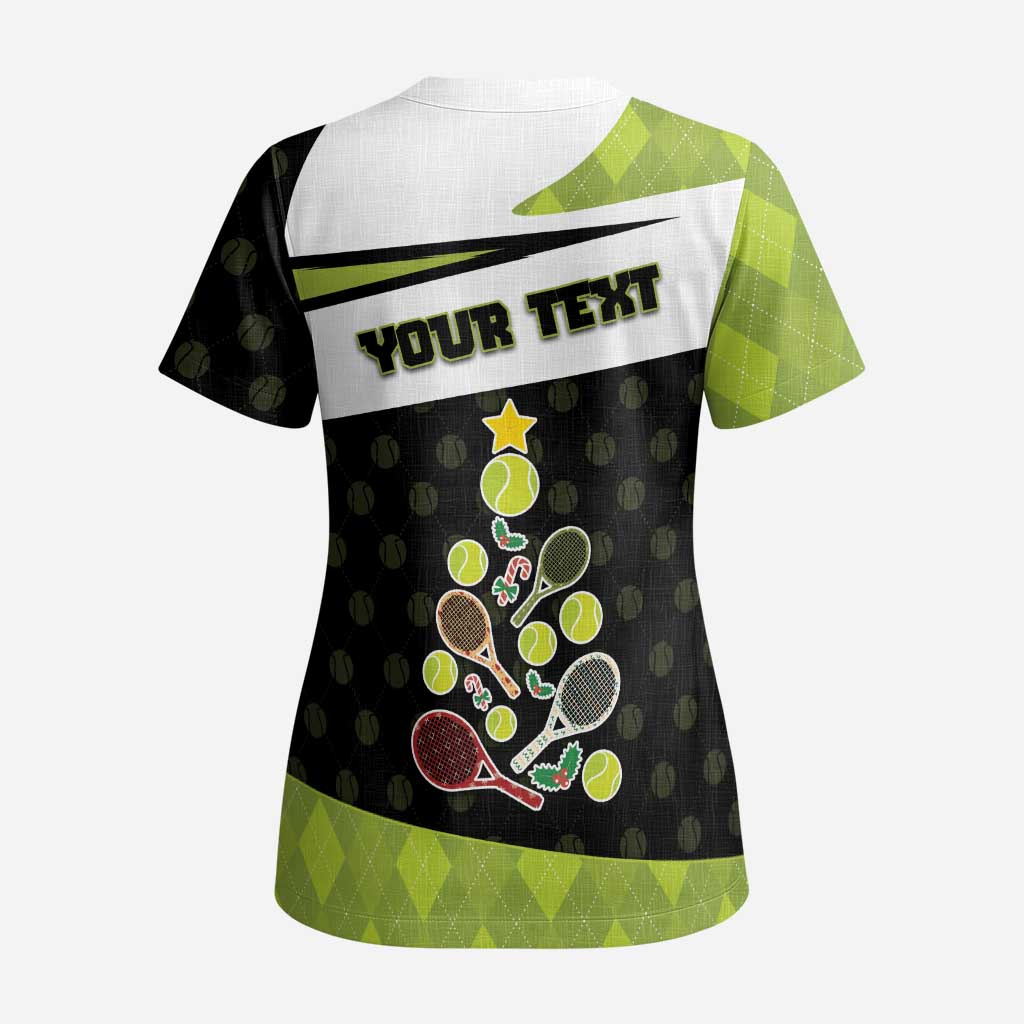 Personalized Tennis Christmas Scrub Top Ho Ho Hold My Racquet - Wonder Print Shop