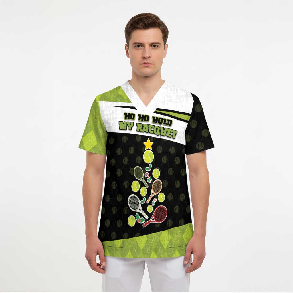 Personalized Tennis Christmas Scrub Top Ho Ho Hold My Racquet - Wonder Print Shop