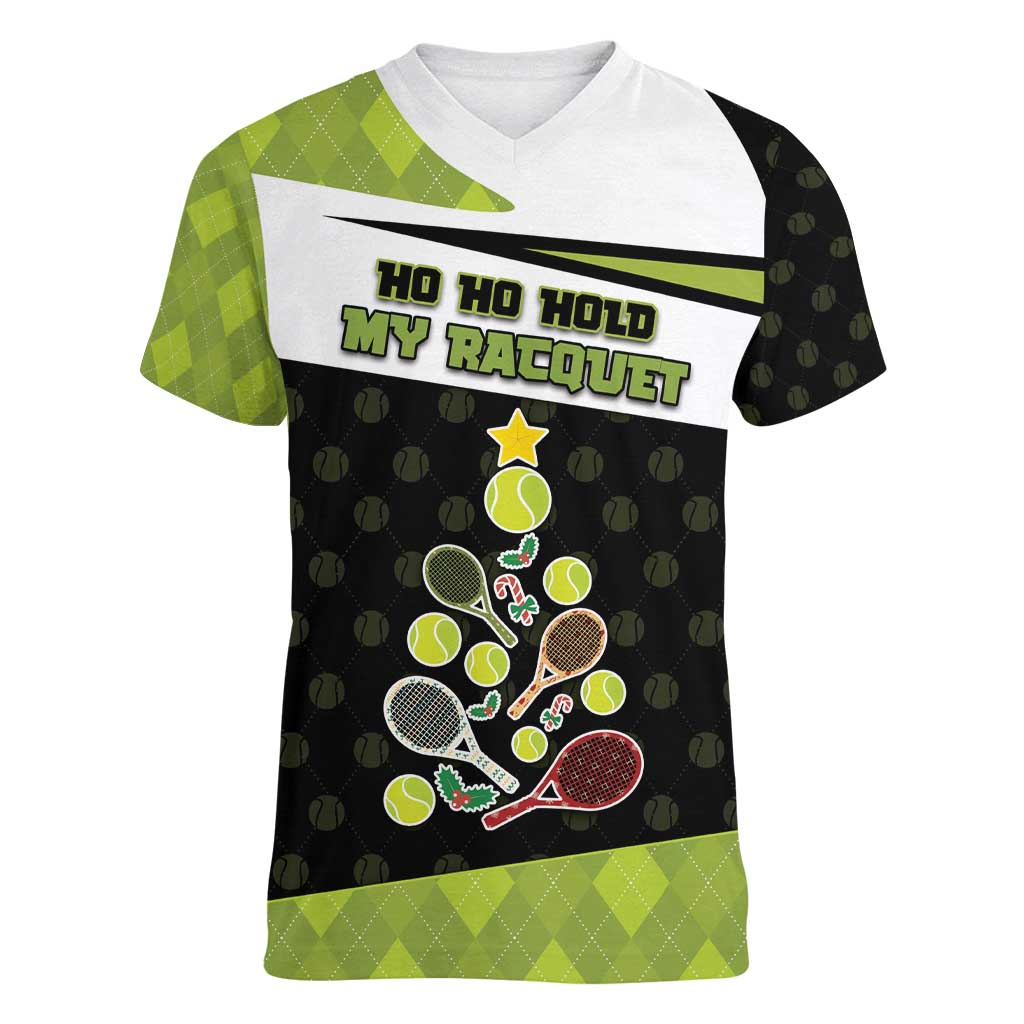 Personalized Tennis Christmas Women V-Neck T-Shirt Ho Ho Hold My Racquet - Wonder Print Shop