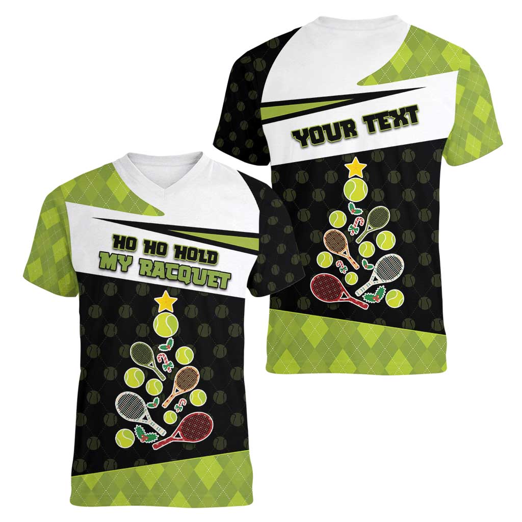 Personalized Tennis Christmas Women V-Neck T-Shirt Ho Ho Hold My Racquet - Wonder Print Shop