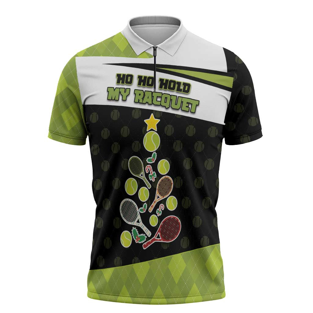 Personalized Tennis Christmas Zipper Polo Shirt Ho Ho Hold My Racquet - Wonder Print Shop