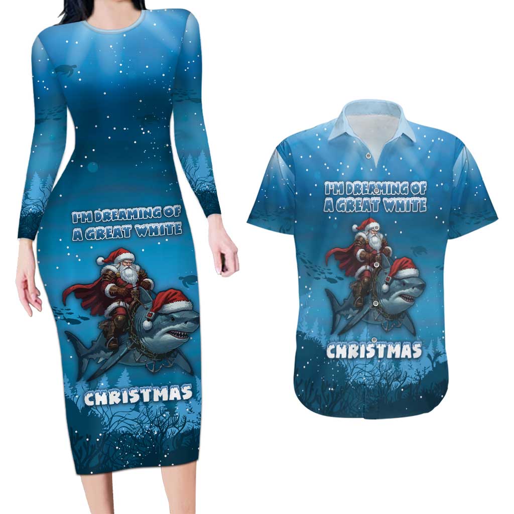 Merry Sharkmas Couples Matching Long Sleeve Bodycon Dress and Hawaiian Shirt I Am Dreaming Of A Great White Christmas - Wonder Print Shop
