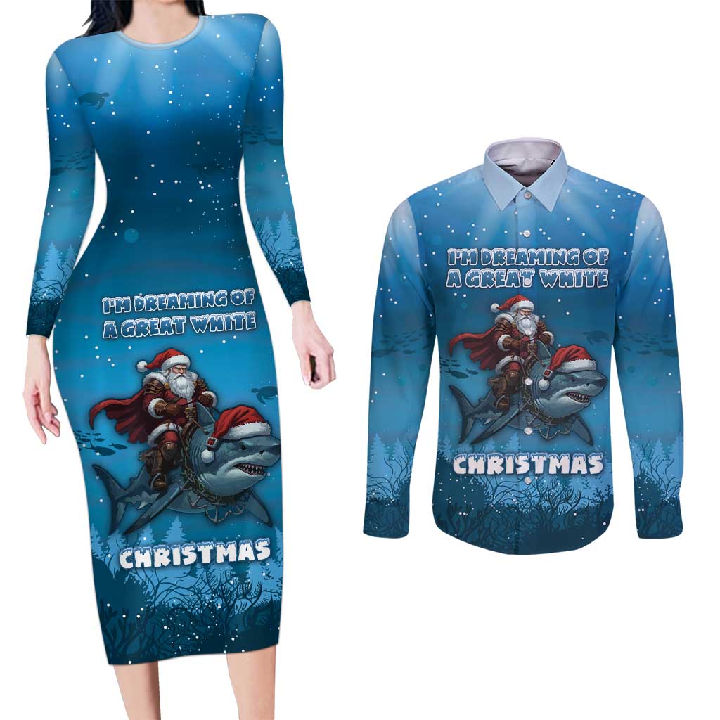 Merry Sharkmas Couples Matching Long Sleeve Bodycon Dress and Long Sleeve Button Shirt I Am Dreaming Of A Great White Christmas - Wonder Print Shop