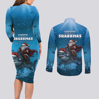 Merry Sharkmas Couples Matching Long Sleeve Bodycon Dress and Long Sleeve Button Shirt I Am Dreaming Of A Great White Christmas - Wonder Print Shop