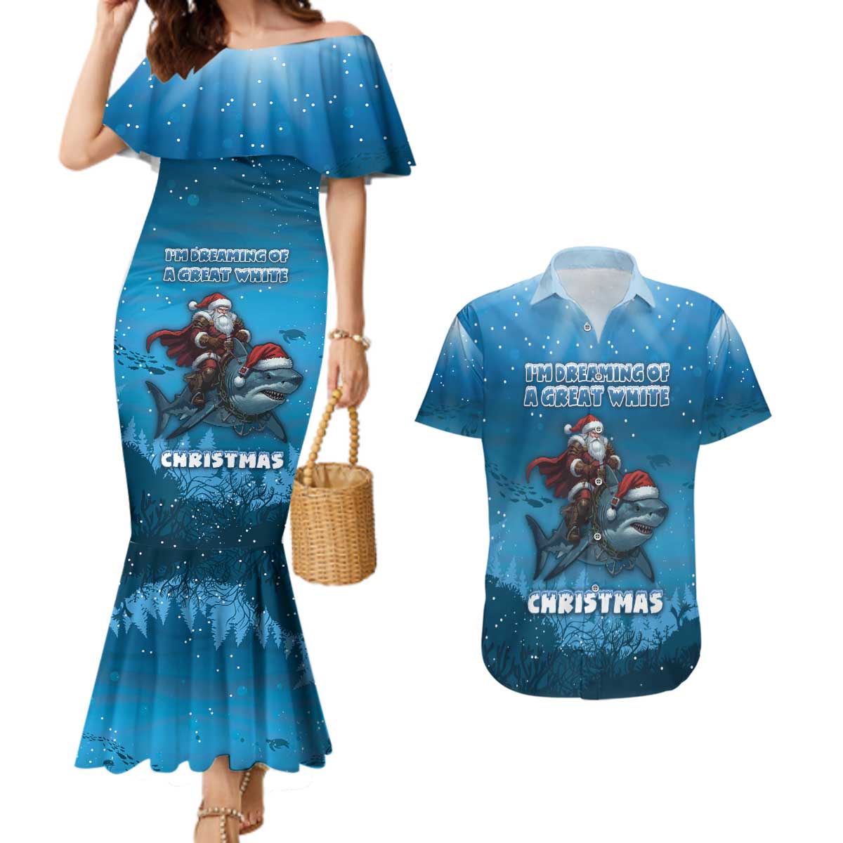 Merry Sharkmas Couples Matching Mermaid Dress and Hawaiian Shirt I Am Dreaming Of A Great White Christmas - Wonder Print Shop