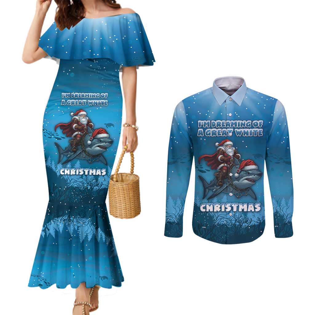 Merry Sharkmas Couples Matching Mermaid Dress and Long Sleeve Button Shirt I Am Dreaming Of A Great White Christmas - Wonder Print Shop