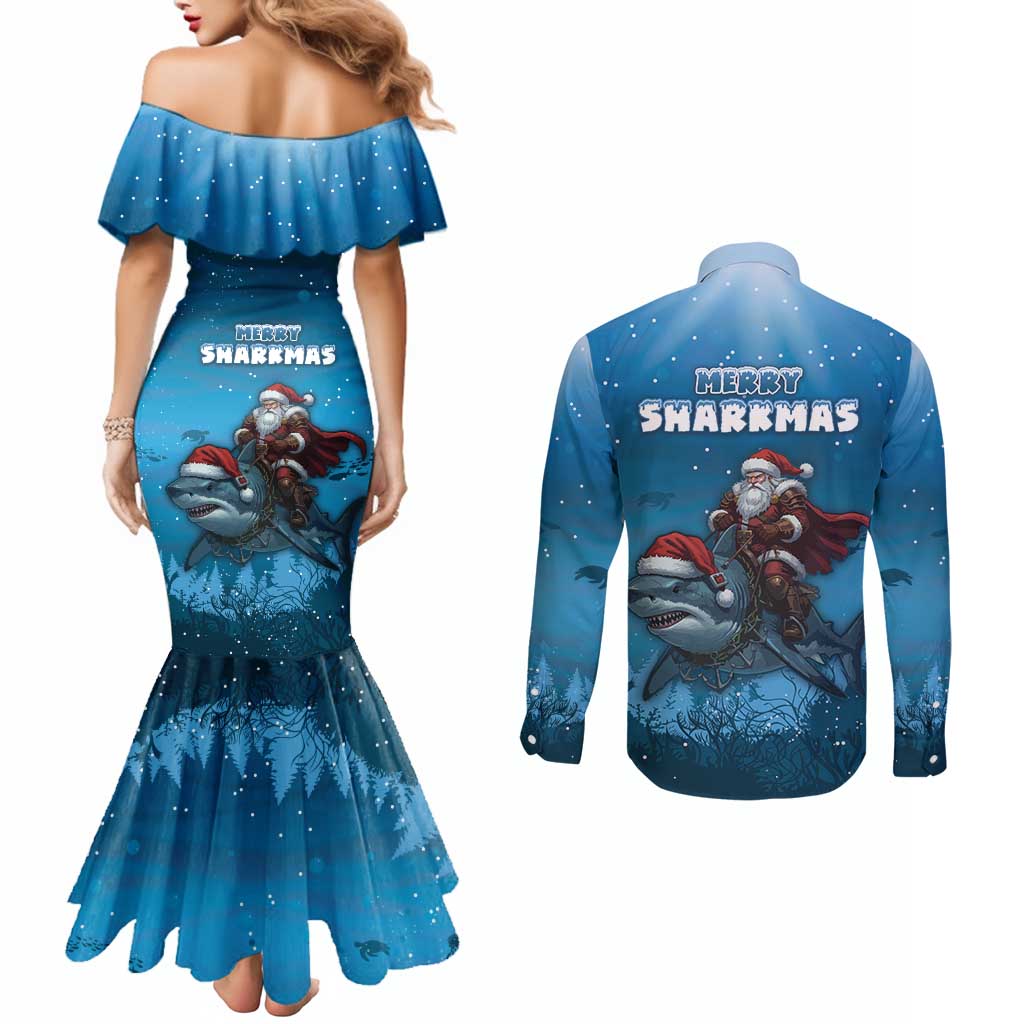 Merry Sharkmas Couples Matching Mermaid Dress and Long Sleeve Button Shirt I Am Dreaming Of A Great White Christmas - Wonder Print Shop