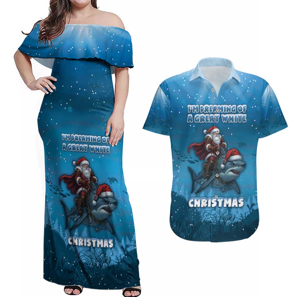 Merry Sharkmas Couples Matching Off Shoulder Maxi Dress and Hawaiian Shirt I Am Dreaming Of A Great White Christmas - Wonder Print Shop