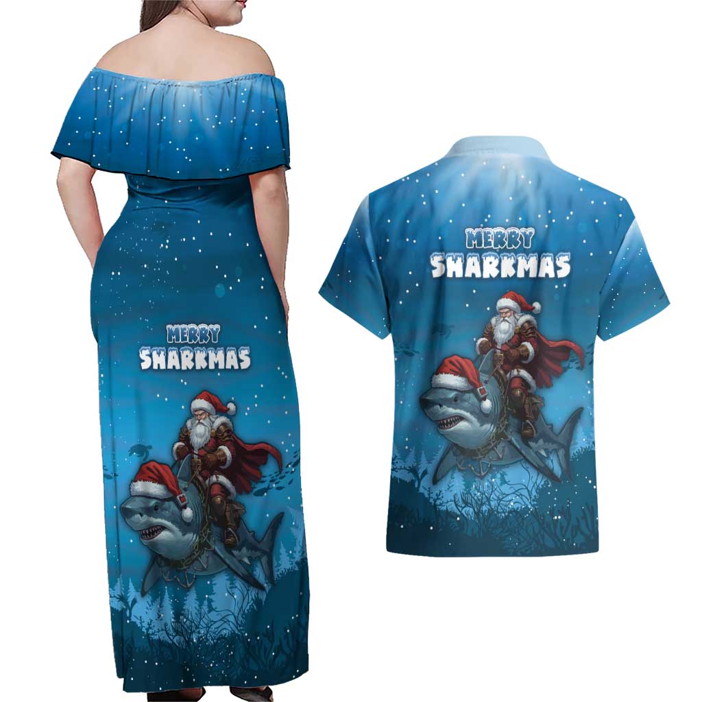 Merry Sharkmas Couples Matching Off Shoulder Maxi Dress and Hawaiian Shirt I Am Dreaming Of A Great White Christmas - Wonder Print Shop