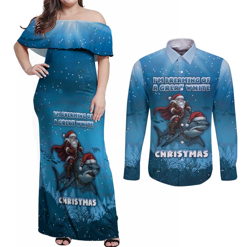 Merry Sharkmas Couples Matching Off Shoulder Maxi Dress and Long Sleeve Button Shirt I Am Dreaming Of A Great White Christmas - Wonder Print Shop