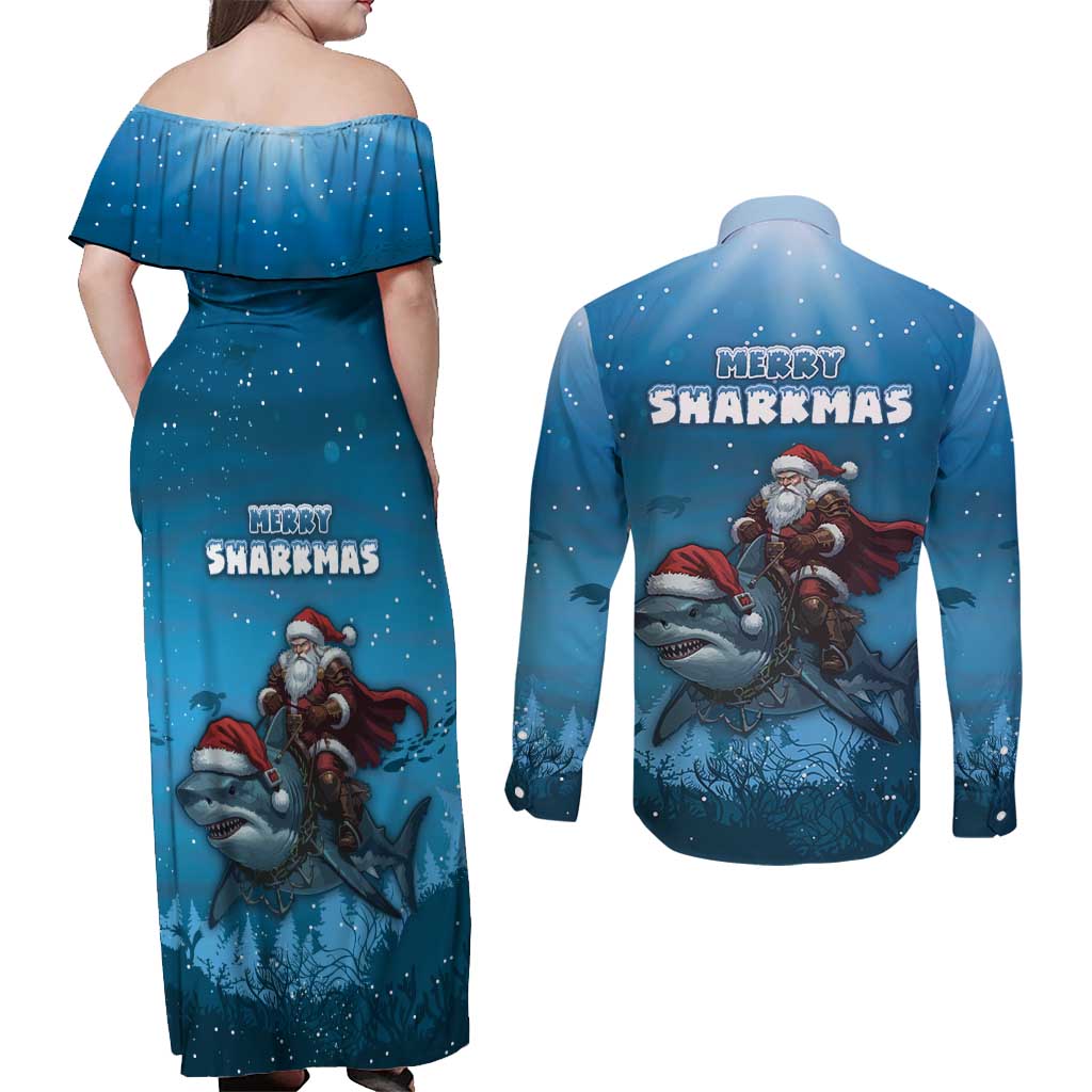 Merry Sharkmas Couples Matching Off Shoulder Maxi Dress and Long Sleeve Button Shirt I Am Dreaming Of A Great White Christmas - Wonder Print Shop