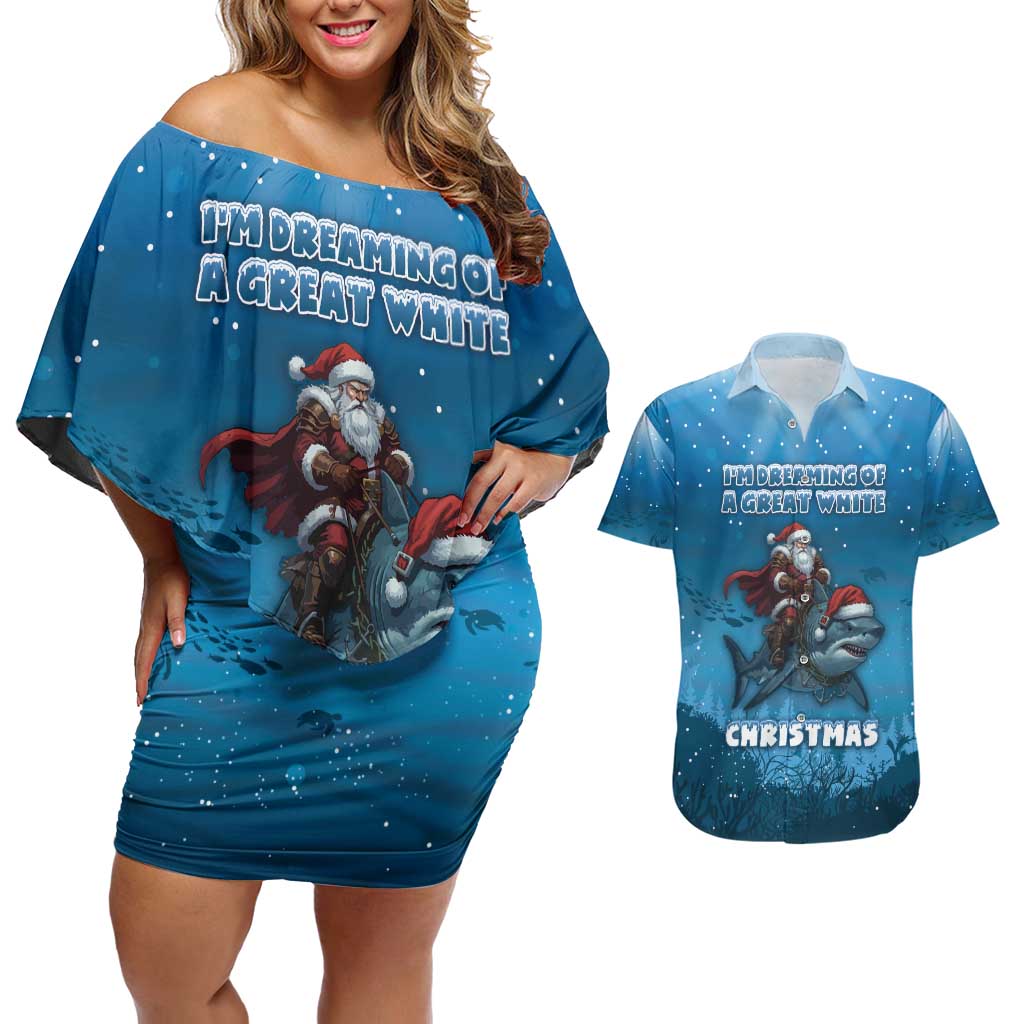 Merry Sharkmas Couples Matching Off Shoulder Short Dress and Hawaiian Shirt I Am Dreaming Of A Great White Christmas - Wonder Print Shop