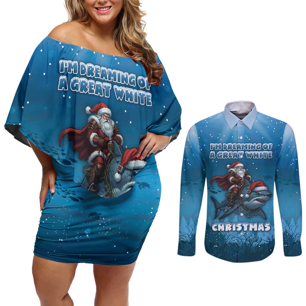 Merry Sharkmas Couples Matching Off Shoulder Short Dress and Long Sleeve Button Shirt I Am Dreaming Of A Great White Christmas - Wonder Print Shop